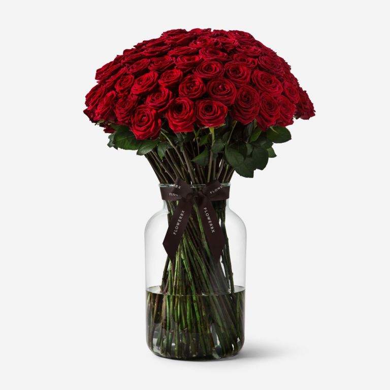 100 Red Naomi Rose Stem in a Large Apothecary Vase