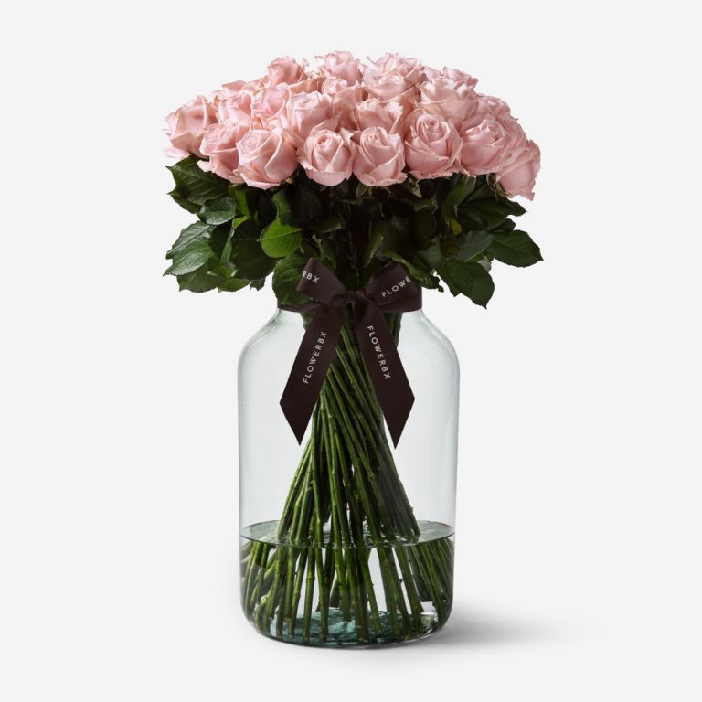 50 Pink Sweet Rose Stems in a Large Apothecary Vase