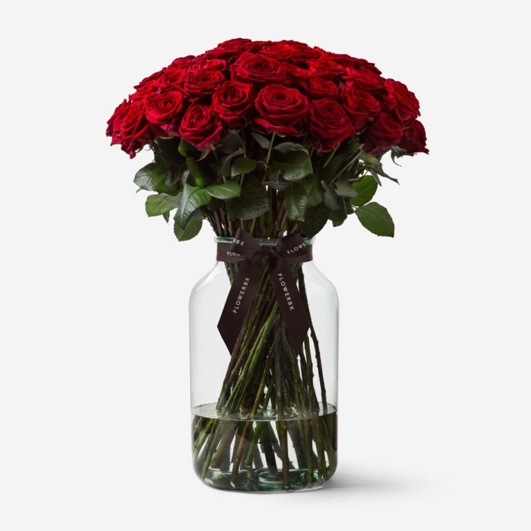 50 Red Naomi Rose Stems in a Large Apothecary Vase