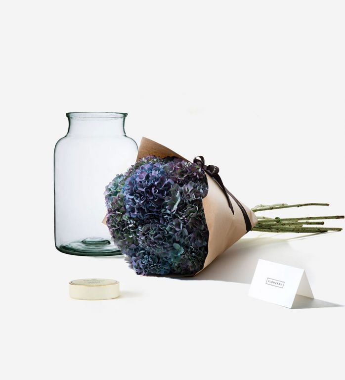 Hydrangeas and Vase Gift Set - Sage Blush Hydrangeas, Medium Apothecary Vase, Sea Salt Truffles