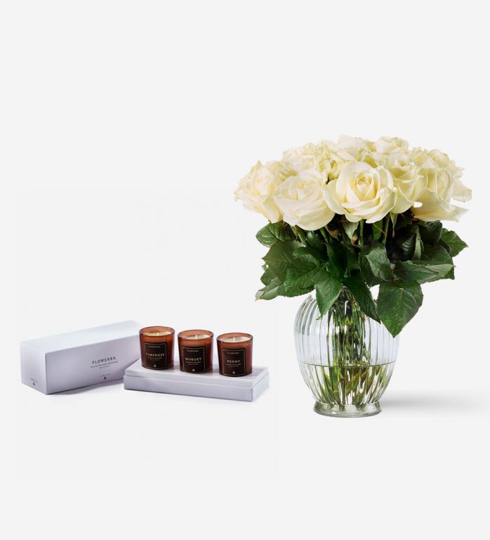 Candle Trio Set and 20 Stems of Ivory Avalanche Roses - Please note that the vase is not included