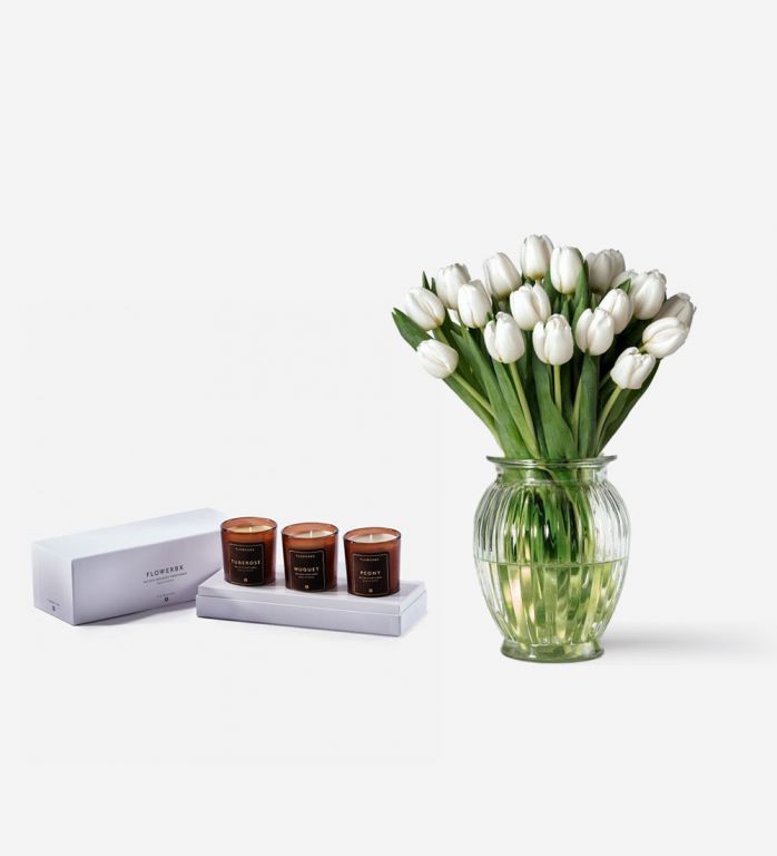 Candle Trio Set and 20 Stems of Ivory Avalanche Roses - Please note that the vase is not included