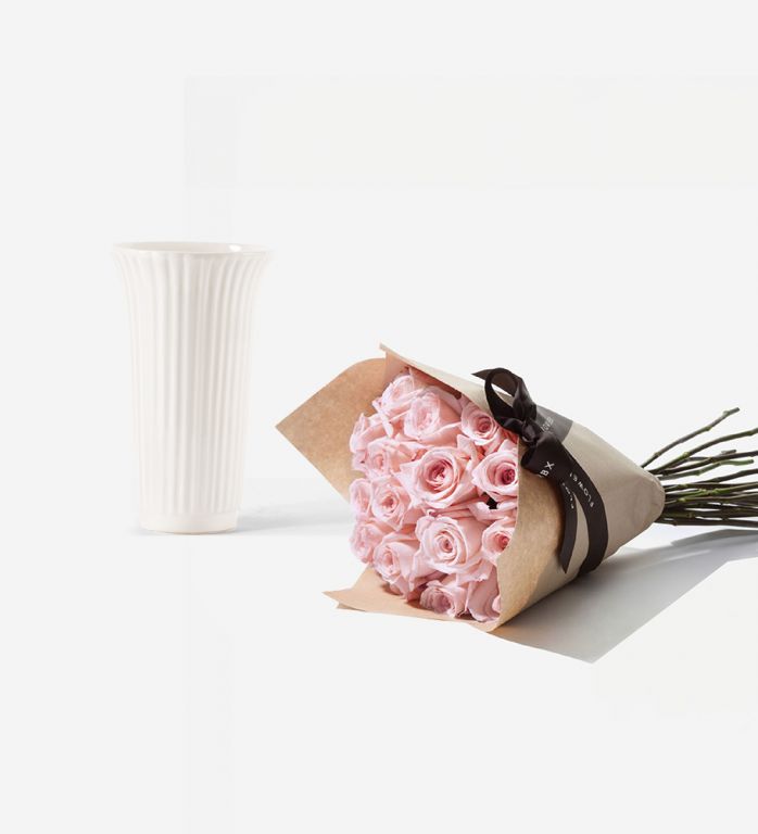 The Glazed Vase and Flowers Set - 20 Stems of Pink Sweet Avalanche Rose and Glazed White Fluted Vase