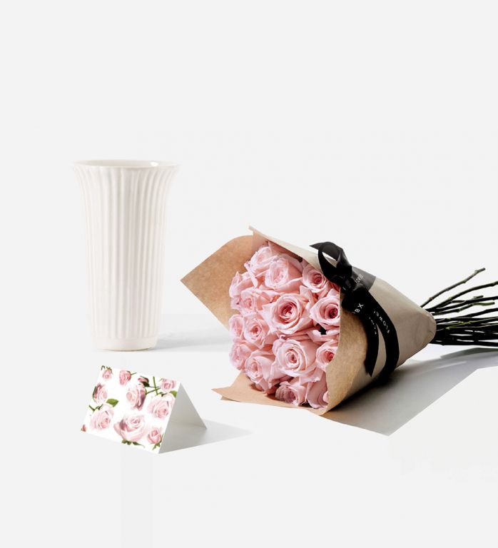 The Glazed Vase and Flowers Set - 20 Stems of Pink Mondial Rose and Glazed White Fluted Vase with The Rose Card - Pink