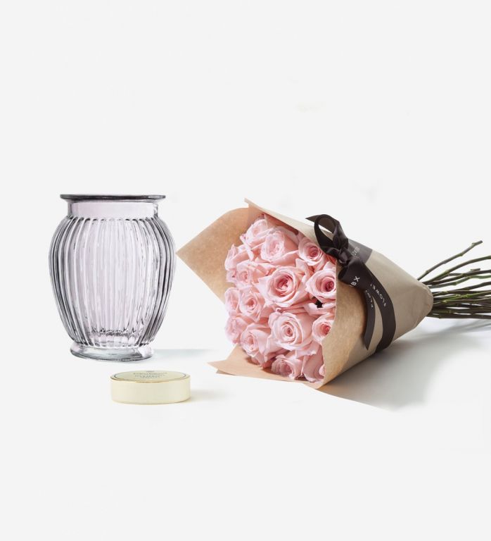 Roses and Vase Gift Set - Pink Mondial Roses, Royal Windsor Vase, Sea Salt Truffles