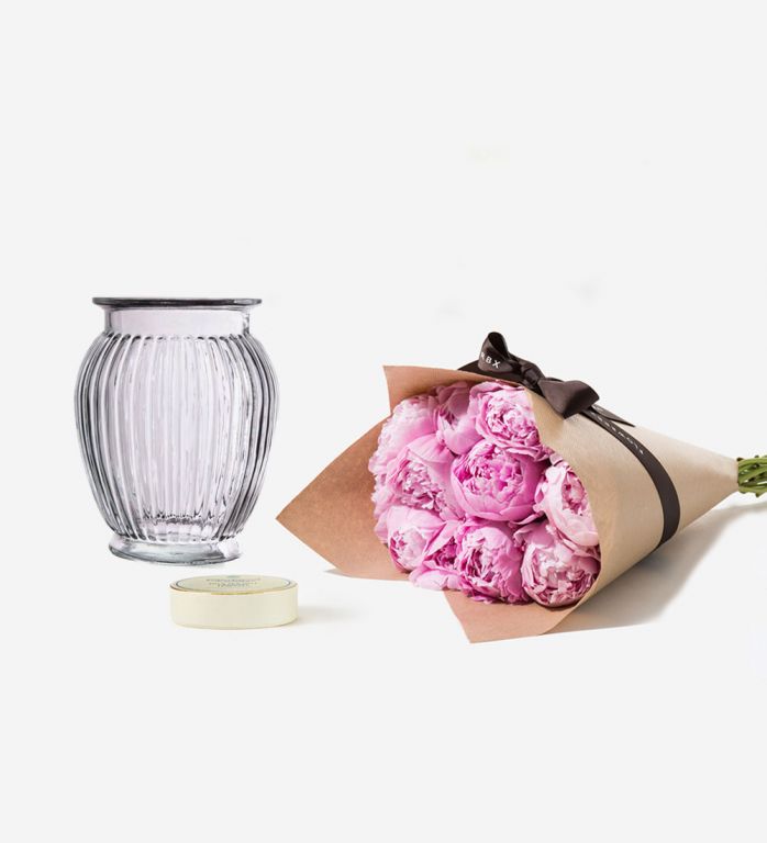 Peony and Vase Gift Set - Primrose Peonies, Royal Windsor Vase, Sea Salt Truffle