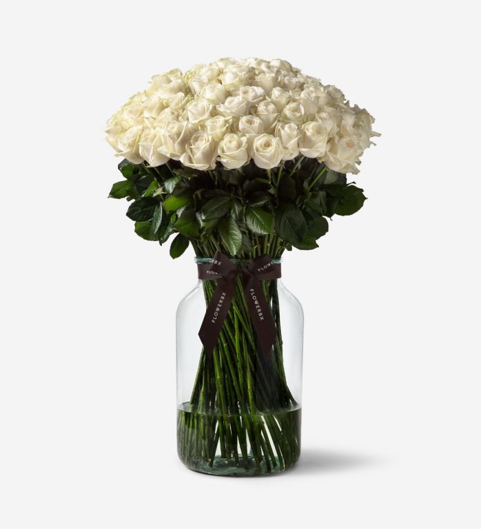 100 White Roses in a Vase