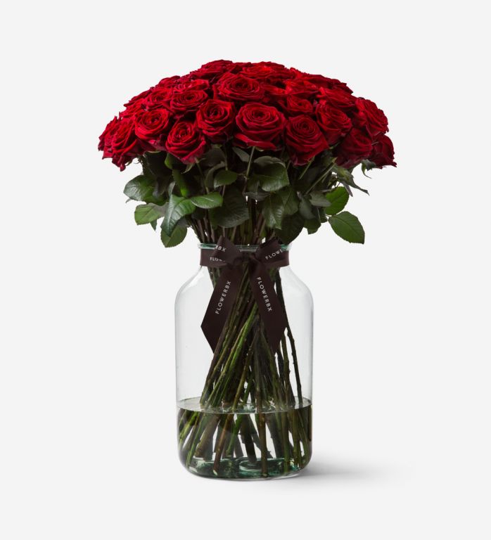 50 Red Naomi Roses in a Medium Apothecary Vase - Vase is an optional add on