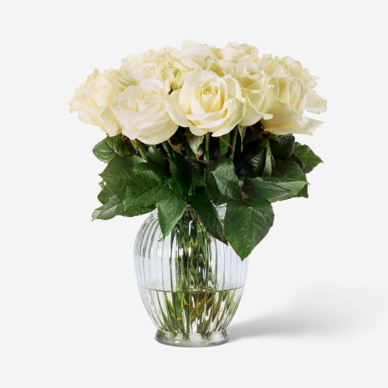 20 Ivory Avalanche Rose Stems in a Medium Curve Windsor Vase