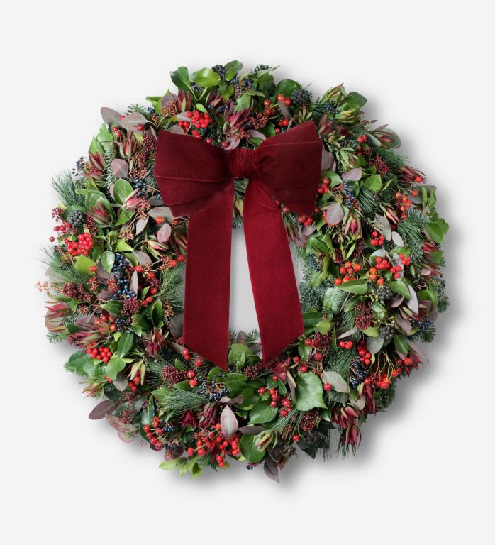 Extraordinary Red Berry Wreath with Cranberry Velvet Ribbon
