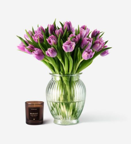 25 Stems of Lilac Nymph Double Tulip & Muguet Candle - Please Note Vase is Not Included