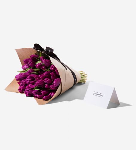 50 Violacious Dutch Tulip stems wrapped in our signature gift wrapping