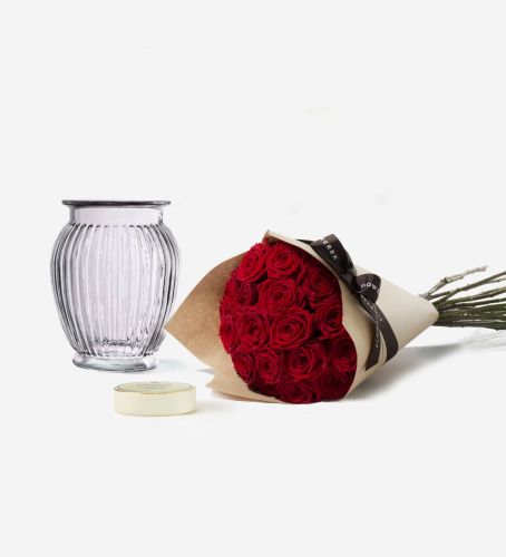 Roses and Vase Gift Set - Red Naomi Roses, Royal Windsor Vase, Sea Salt Truffles