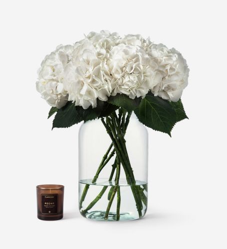 5 Stems of Clous White Hydrangeas & Peony Candle - Please Note Vase is Not Included