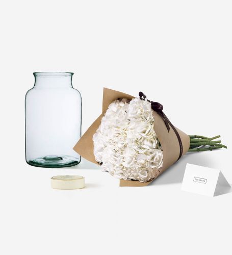 Hydrangeas and Vase Gift Set - Cloud White Hydrangeas, Medium Apothecary Vase, Sea Salt Truffles