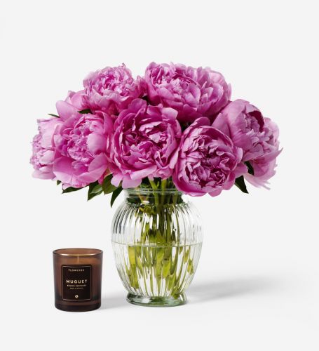 10 Stems of Carnival Peonies & Muguet Candle - Please Note Vase is Not Included
