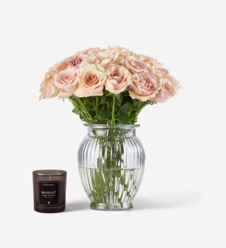 20 Rosewater Petite Rose Stems in a Royal Windsor Vase