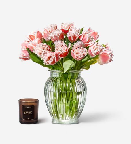 25 Stems of Coral Crush Fringed Tulip & Muguet Candle - Please Note Vase is Not Included