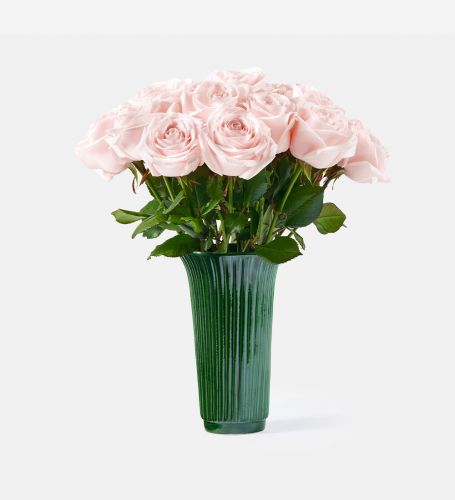 20 Stems of Pink Sweet Avalanche Rose in a 12cm Glazed Emerald Fluted Vase
