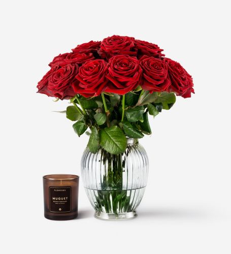 Red Naomi Roses & Muguet Candle - Please Note Vase is Not Included