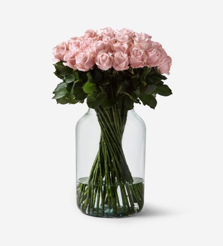 50 Pink Mondial Roses in a Medium Apothecary Vase - Vase is an optional add on
