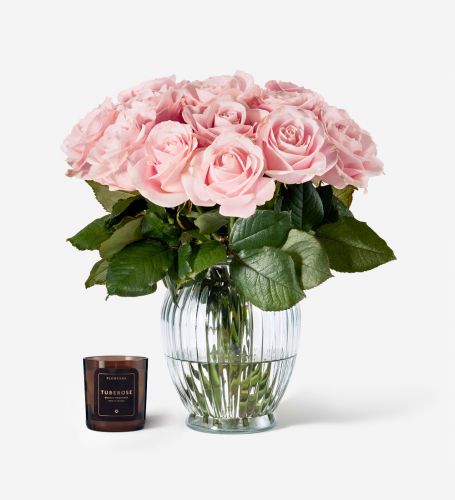 20 Stems of Pink Sweet Avalanche Roses & Tuberose Candle - Please Note Vase is Not Included