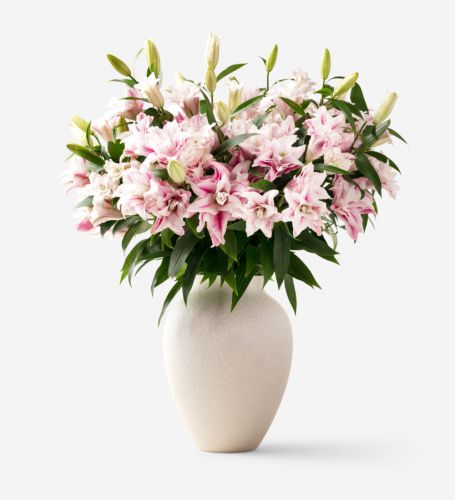 Victorian Pink RoseLily 10 Stems in a Large Mayfair Blanc Vase