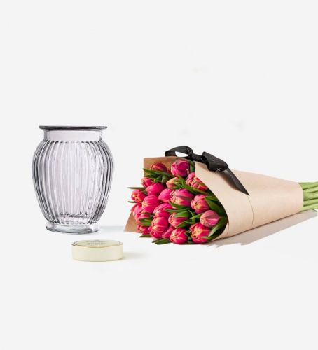Tulip and Vase Set - Siren Pink Double Tulips, Royal Windsor Vase, & Sea Salt Chocolates