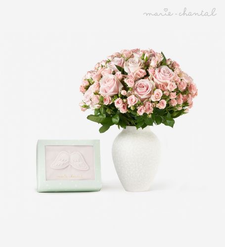 Angel Wing™ Velour Sleepsuit - Pink & The Super Bouquet - Pink 001 in a Small Mayfair Blanc Vase 