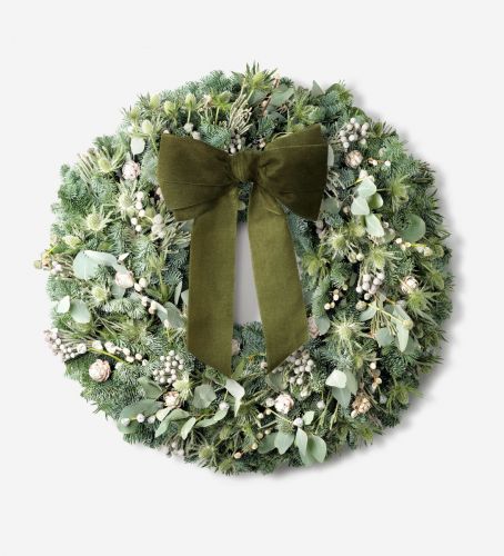 Extraordinary Winter White Wreath with Olive Velvet Ribbon