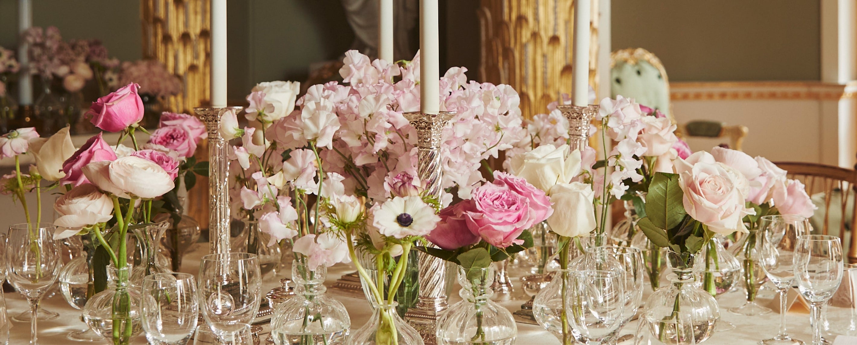 Pink and white wedding flower display